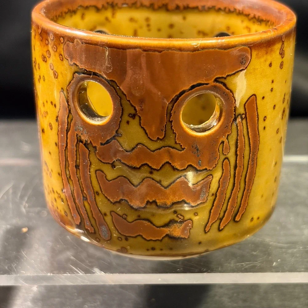 Vintage Ceramic Face Tea Light Candle Holder Speckled Brown Yellow Glaze